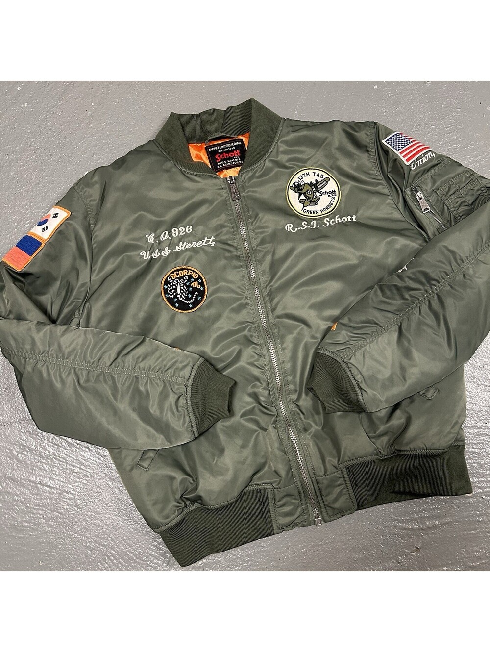 Schott NYC MA-1 Flight Military Bomber Jacket Vintage Patch Olive Green Size XL